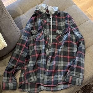 Empyre Gray and Red Plaid Hooded Shirt